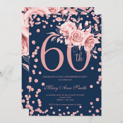 Rose Gold Floral 60th Birthday Party Navy  Invitation