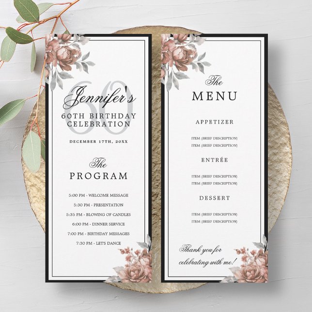 Rose Gold Floral 60th Birthday Program Menu  (Rose Gold Floral 60th Birthday Program Menu )