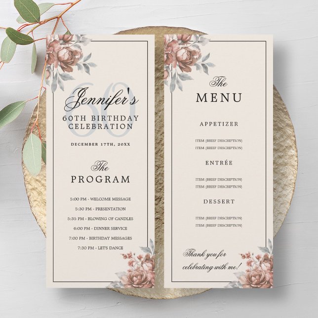 Rose Gold Floral 60th Birthday Program Menu Cream (Rose Gold Floral 60th Birthday Program Menu Cream)