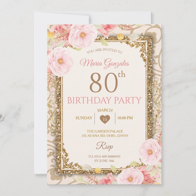 Rose Gold Floral 70th,80th Birthday Invitation (Front)