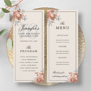 Rose Gold Floral 70th Birthday Program Menu Cream 