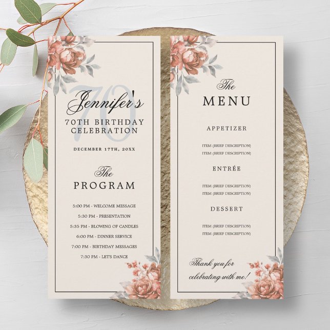 Rose Gold Floral 70th Birthday Program Menu Cream  (Rose Gold Floral 70th Birthday Program Menu Cream )