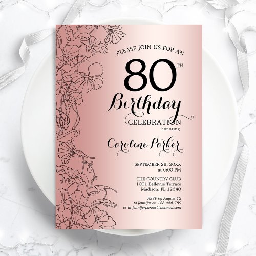 Rose Gold Floral 80th Birthday Party Invitation