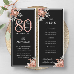 Rose Gold Floral 80th Birthday Program Menu Black