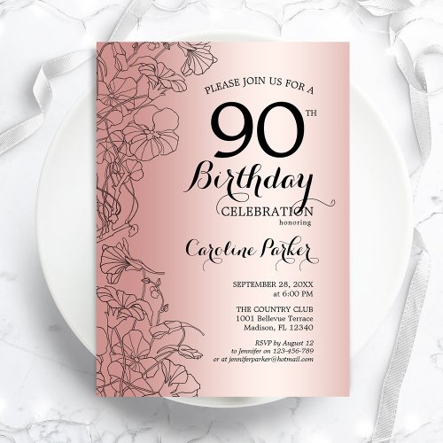 Rose Gold Floral 90th Birthday Party Invitation