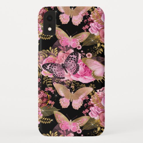 Rose Gold Floral and Butterfly Girly Pattern iPhone XR Case