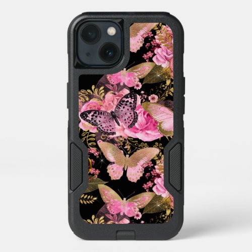 Rose Gold Floral and Butterfly Girly Pattern iPhone 13 Case