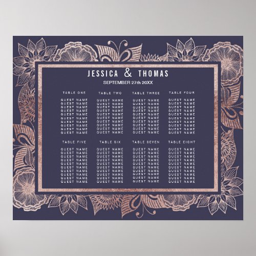 Rose Gold Floral and Navy Blue Seating Chart