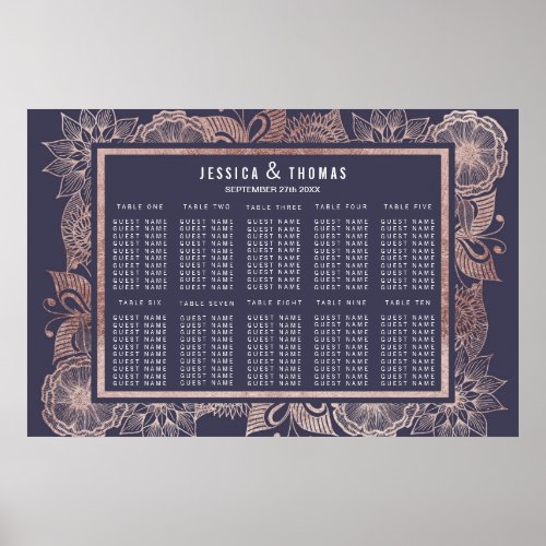 Rose Gold Floral and Navy Blue Seating Chart