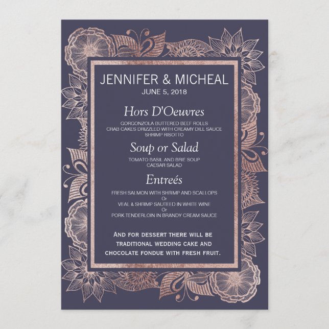 Rose Gold Floral and Navy Blue Wedding Menu (Front)