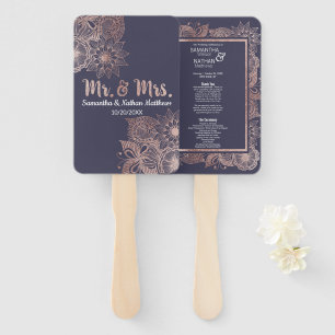 Rose Gold Floral and Navy Blue Wedding Programs Hand Fan
