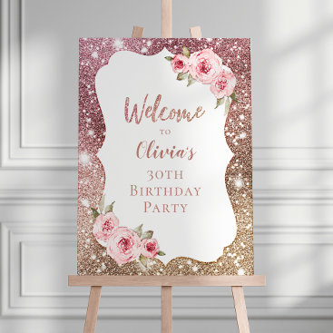 Rose gold floral any age birthday welcome sign