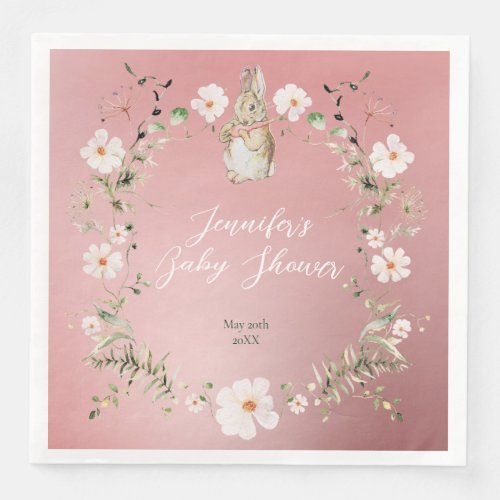 Rose Gold Floral Baby Bunny Baby Shower Paper Dinner Napkins