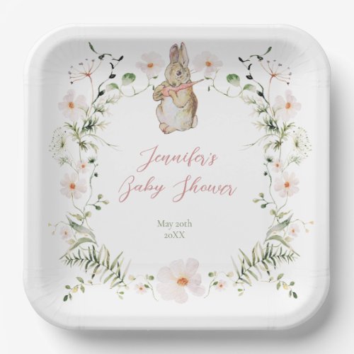 Rose Gold Floral Baby Bunny Baby Shower Paper Plates