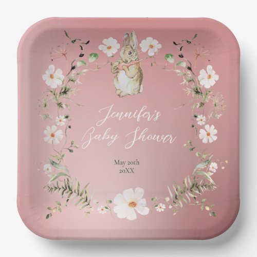 Rose Gold Floral Baby Bunny Baby Shower Paper Plates