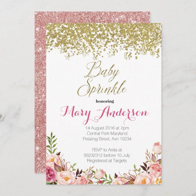 Rose Gold Floral Baby Sprinkle Invitations (Front/Back)
