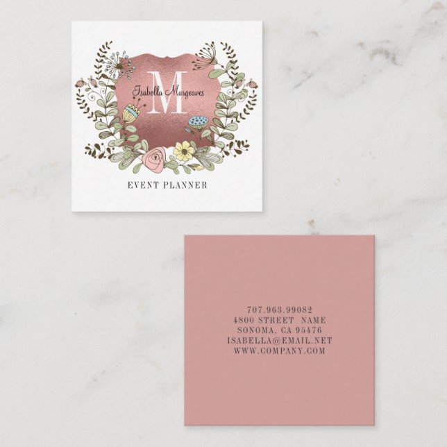 Rose Gold Floral Banner Event Planner Square Business Card (Front/Back)