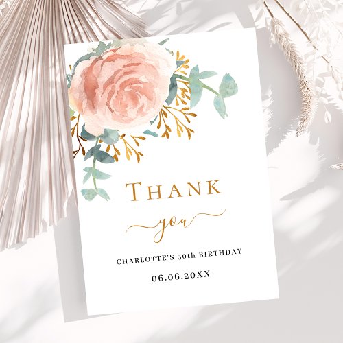 Rose gold floral birthday thank you card
