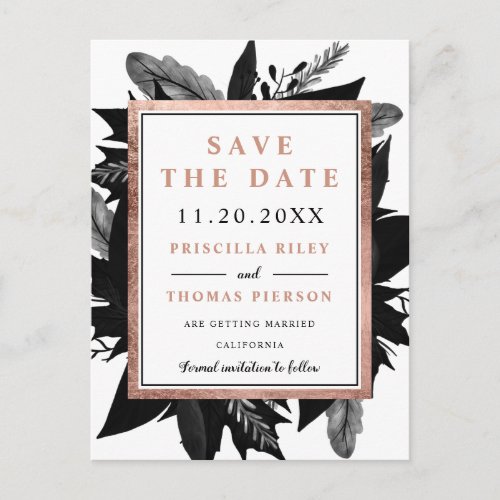Rose Gold floral black watercolor save the date Announcement Postcard
