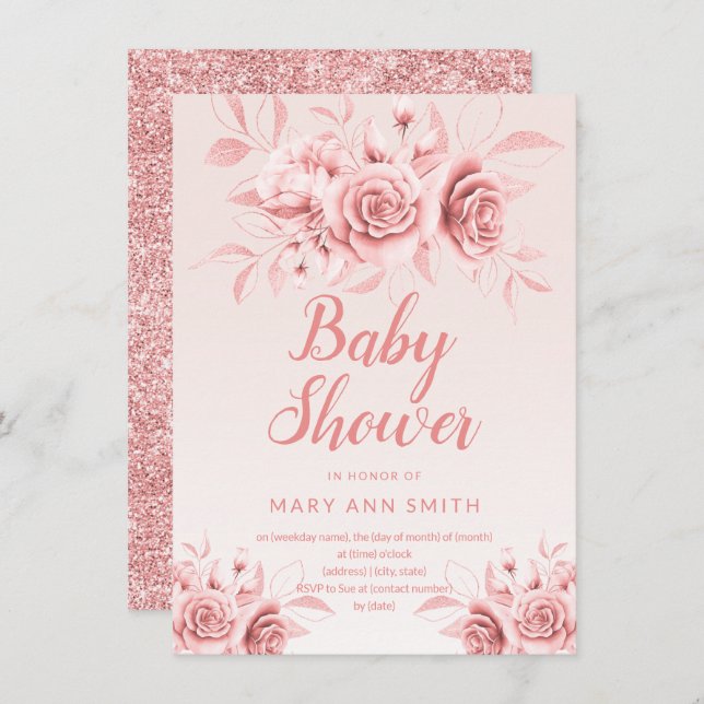 Rose Gold Floral Blush Glitter Baby Shower  Invitation (Front/Back)