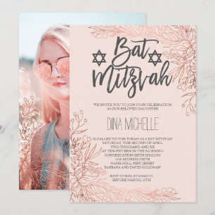 Rose gold floral blush pink Bat Mitzvah photo Invitation