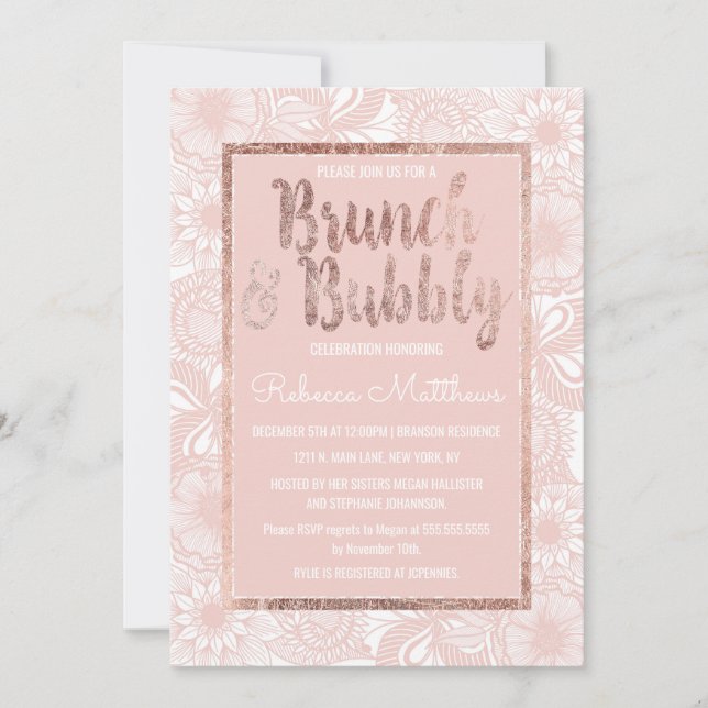 Rose Gold Floral Blush Pink Brush Brunch Bubbly Invitation (Front)