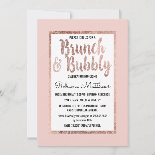 Rose Gold Floral Blush Pink Brush Brunch Bubbly Invitation (Front)