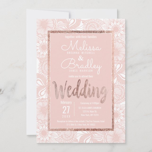 Rose Gold Floral Blush Pink Brush Script Wedding Invitation (Front)