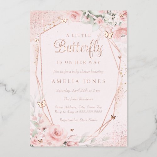 Rose Gold Floral Blush Pink Butterfly Baby Shower Foil Invitation