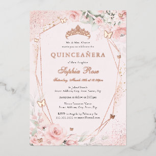 Rose Gold Floral Blush Pink Butterfly Quinceanera Foil Invitation