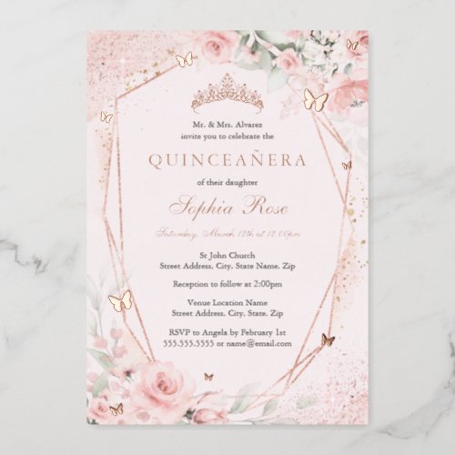 Rose Gold Floral Blush Pink Butterfly Quinceanera Foil Invitation