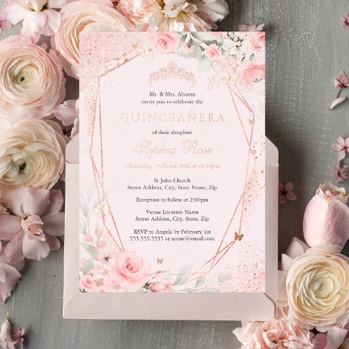 Rose Gold Floral Blush Pink Butterfly Quinceanera Foil Invitation