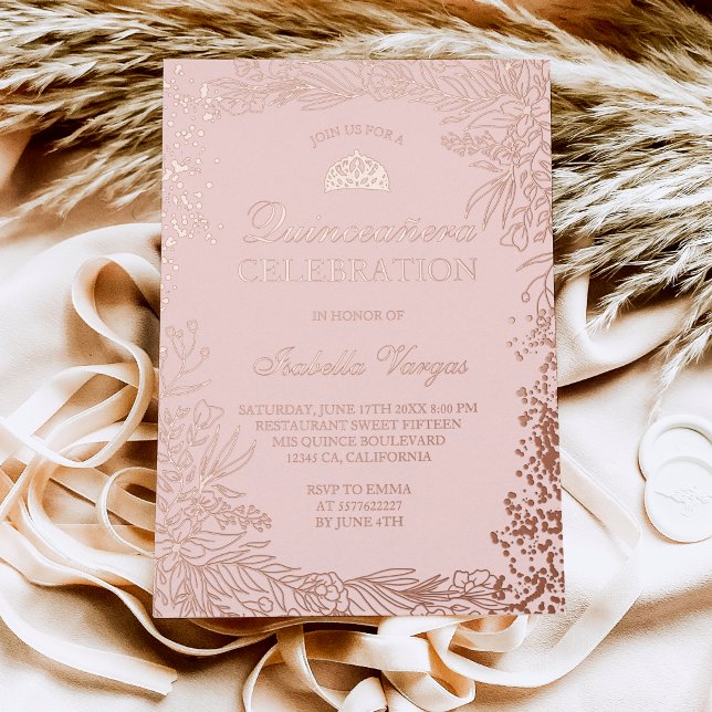 Rose Gold floral blush pink Tiara chic Quinceanera Foil Invitation