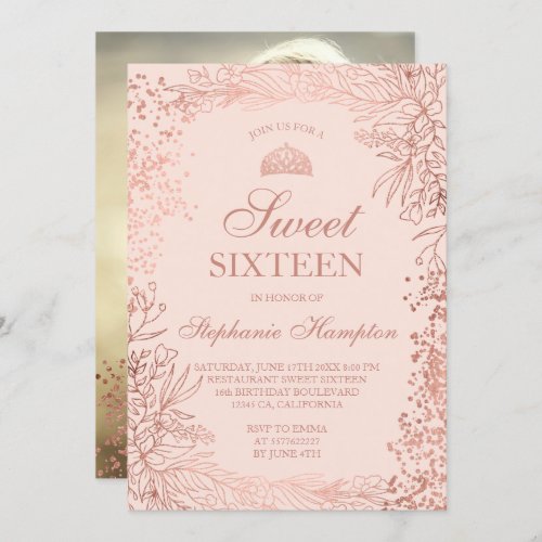 Rose gold floral blush pink Tiara chic Sweet 16 Invitation