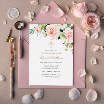 Rose Gold Floral Blush Watercolor Baptism Foil Invitation by LittleBayleigh at Zazzle
