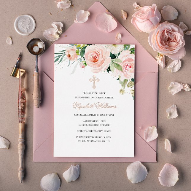 Rose Gold Floral Blush Watercolor Baptism Foil Invitation (Creator Uploaded)