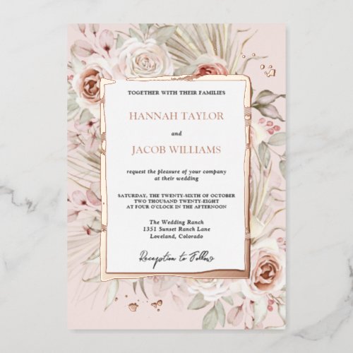 Rose Gold Floral Boho Wedding Foil Invitation