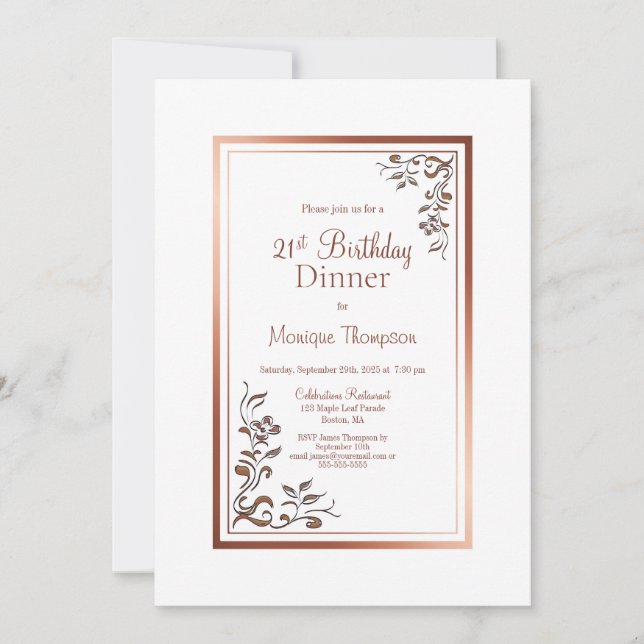 Rose Gold Floral Border 21st Birthday Dinner Party Invitation (Front)