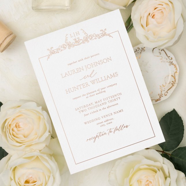 Rose Gold Floral Border Monogram Wedding Foil Invitation (Creator Uploaded)