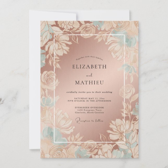 Rose Gold Floral Botanical Wedding Invitation (Front)