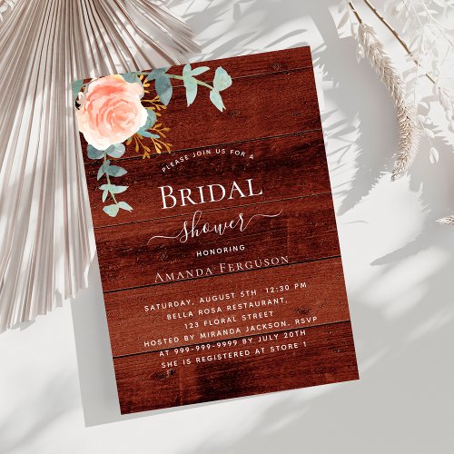 Rose gold floral brown wood luxury Bridal Shower Invitation