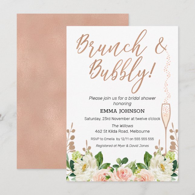 Rose Gold Floral Brunch Bridal Shower Invitation (Front/Back)