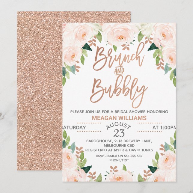 Rose Gold Floral Brunch Bubbly Bridal Invitation (Front/Back)