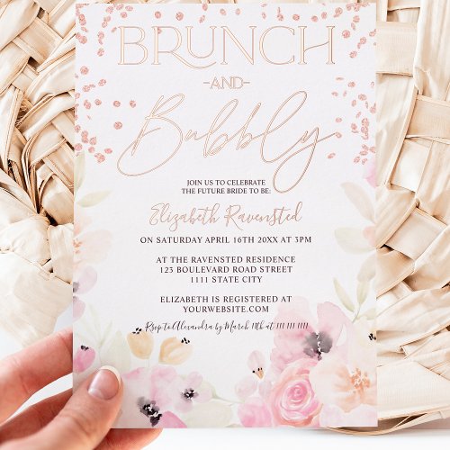 Rose Gold floral brunch bubbly bridal shower Foil Invitation