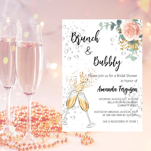 Rose Gold Floral Brunch Bubbly Bridal Shower Invitation