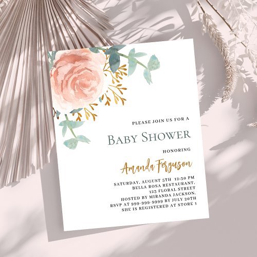 Rose gold floral budget baby shower invitation