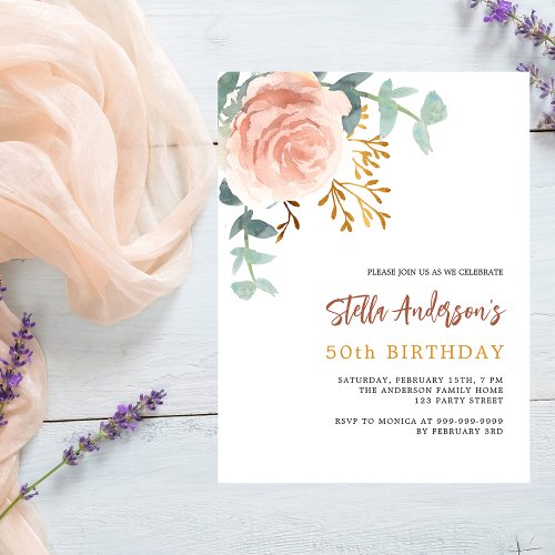Rose gold floral budget birthday invitation