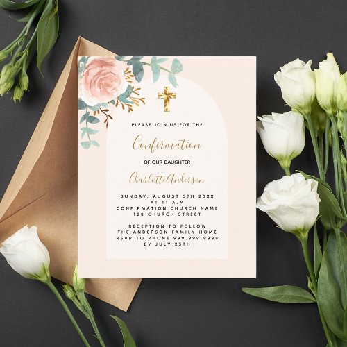 Rose gold floral budget Confirmation invitation