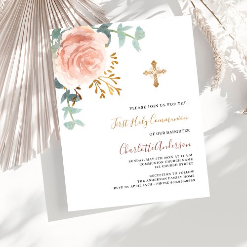 Rose gold floral budget first communion invitation