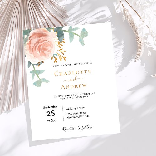 Rose gold floral budget wedding invitation
